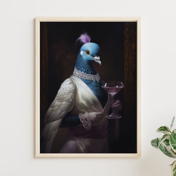 Pigeon fantaisie au cocktail | Robe de soirée en forme d'oiseau | Téléchargement numérique | Art mural imprimable bizarre | Art éclectique pour la décoration intérieure