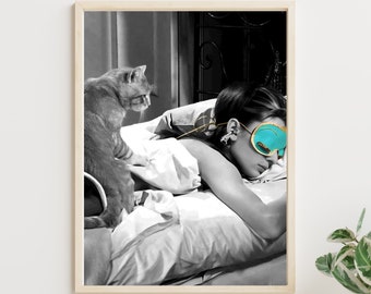 Audrey Hepburn and Cat | Black and White Vintage Photo with Color | Classic Movie  | Digital Download | Retro Printable Poster Wall Art