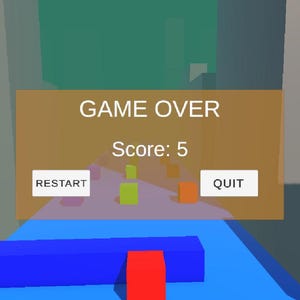 Può includere: Schermata di fine gioco 3D con il testo "GAME OVER" e un punteggio di 5. Sono presenti i pulsanti "RESTART" e "QUIT". L'ambiente di gioco presenta forme geometriche blu, rosse, verdi e arancioni.