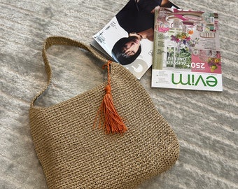 handmade straw bags, beige raffia bag, summer bags, shoulder bag, crocket knot bag, straw beach shoulder bag