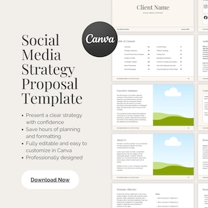 May include: A digital template for a Social Media Strategy Proposal. The design features a clean layout with sections for client information, content strategy, and brand positioning. The Canva logo is visible, along with the text "Download Now."