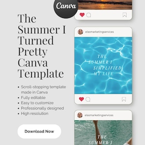 Op de afbeelding: Een advertentie voor een Canva-sjabloon met de tekst "The Summer I Turned Pretty Canva Template". De afbeelding toont social media-mockups met strand- en waterlandschappen. De sjabloon is eenvoudig aan te passen en heeft een hoge resolutie.