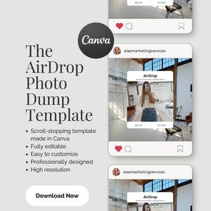 Op de afbeelding: Een advertentie voor een Canva-sjabloon, met een mock-up van een Instagram-post met de tekst "AirDrop" en een persoon die een telefoon vasthoudt. De tekst "The AirDrop Photo Dump Template" wordt weergegeven met opsommingstekens die de functies van de sjabloon beschrijven.