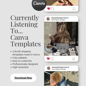 以下が含まれることがあります： Canvaテンプレートのプロモーション画像。画像にはCanvaのロゴ、「Currently Listening To... Canva Templates」というテキスト、テンプレートの詳細が表示されています。また、写真と音楽プレーヤーのインターフェースを備えた3つのInstagramスタイルのモックアップも含まれています。