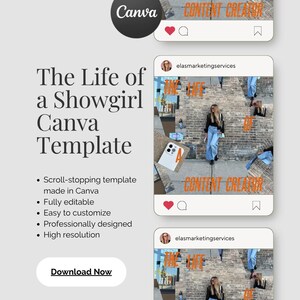 May include: A Canva template advertisement with the text "The Life of a Showgirl Canva Template." The design includes social media mockups with the words "Content Creator" and a woman in jeans. The Canva logo is also visible.