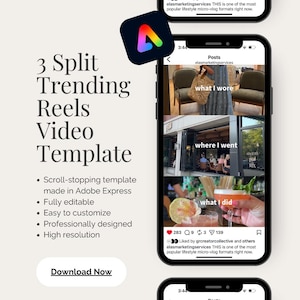 May include: A digital video template for social media featuring three stacked smartphone screens displaying a split-screen layout. The text reads 3 Split Trending Reels Video Template, Scroll-stopping template made in Adobe Express, Fully editable, Easy to customize, Professionally designed, High resolution, and Download Now.