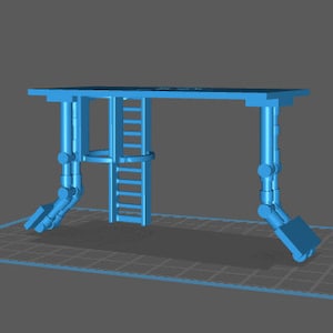 Könnte beinhalten: Ein blaues, 3D-gedrucktes Modell einer Plattform mit einer Leiter und zwei Gelenkbeinen. Die Plattform wird von zwei Sätzen mit jeweils drei verbundenen Zylindern getragen. Das Modell steht auf einer grauen Oberfläche mit einem Gittermuster.