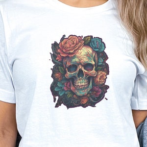 Sugar Skull And Flowers Shirt, Sugar Skull T-Shirt, Day Of The Dead Shirt, Colorful Flowers T-Shirt, Bouquet T-Shirt, Día De Los Muertos Tee
