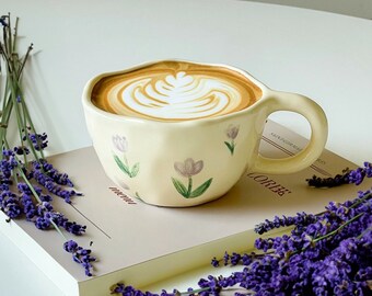 Tazas de cerámica con dijes de flores hechas a mano/taza de café con 4 diseños florales pintados a mano/estilo japonés