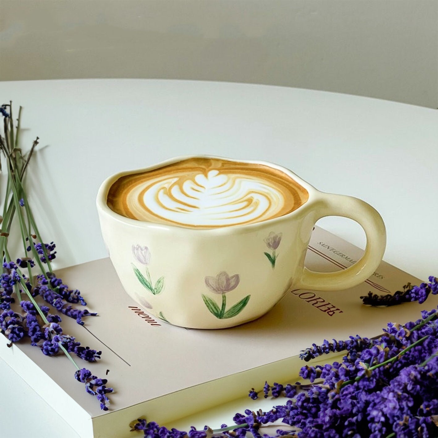Lavender Big Glass Mug, Floral Hand Painted Coffee Mug Gift for