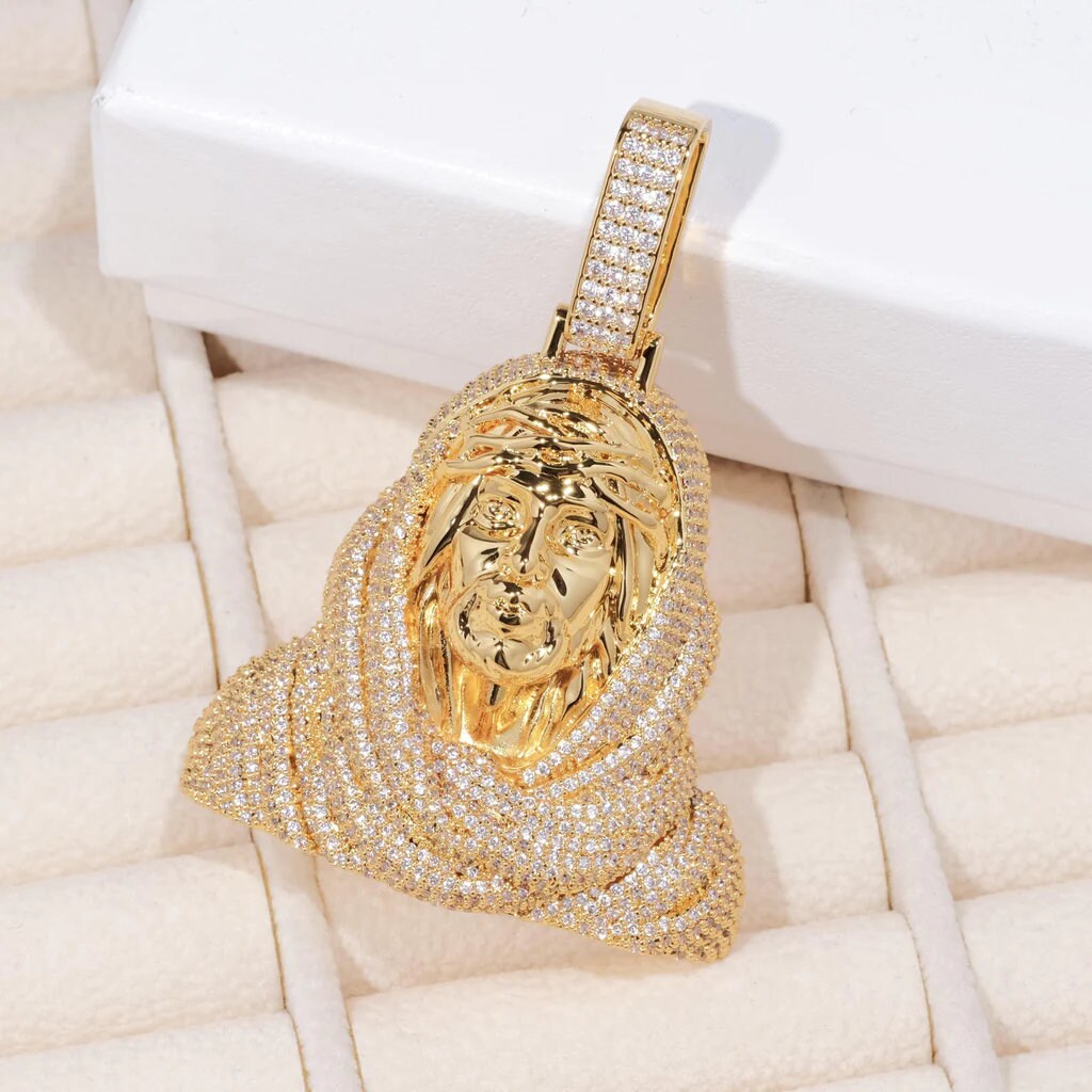 Large Iced CZ Cross Pendant On 24" Rope Chain - 14k Gold Plated - Hip Hop Style