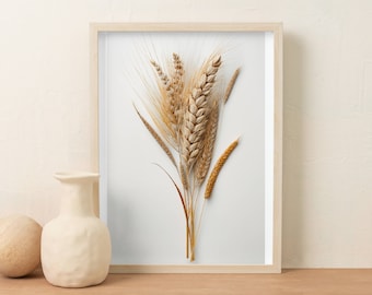 Könnte beinhalten: Gerahmter Druck mit einer detaillierten Anordnung von getrockneten Weizen- und Gerstenähren in Beige- und Goldtönen. Das Kunstwerk ist vor einem weißen Hintergrund platziert und in einem hellen Holzrahmen gerahmt. Das Bild hat eine rustikale, natürliche Ästhetik.