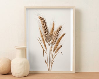 Könnte beinhalten: Gerahmter Druck mit einer botanischen Illustration von Weizenähren in Braun- und Beigetönen. Das Kunstwerk wird in einem hellen Holzrahmen präsentiert, der eine rustikale und natürliche Ästhetik erzeugt. Eine weiße Vase und eine Holzkugel befinden sich im Vordergrund.