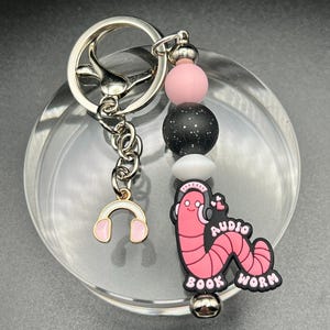 Audiobook Worm Keychain | Book Worm Keychain | Reader Gift | Audiobook Lover Accessory | Pink Worm Keyring | Bookish Gift