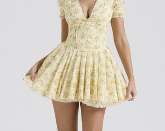 V-neck Puff Sleeve Dress Yellow Flowers Print French Style Sweet Pleated Dresses Womens Clothing