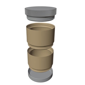 May include: A disassembled container with a silver lid and a beige body. The container is made of metal and has a threaded lid. The container is in three pieces: the lid, the body, and the base.