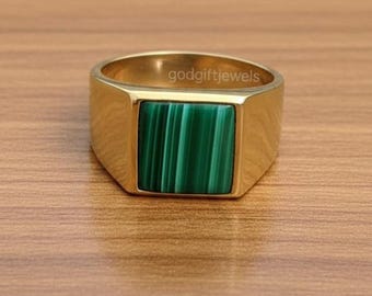 Sterling Silver Malachite Signet Ring, Green Gemstone Engraved Band