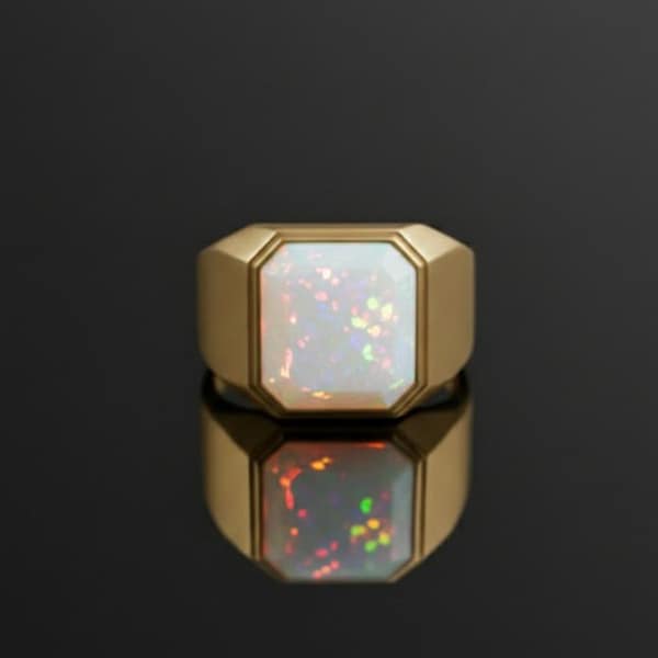 Octagon White Opal-ring heren, vergulde sterlingzilveren geometrische zegelband