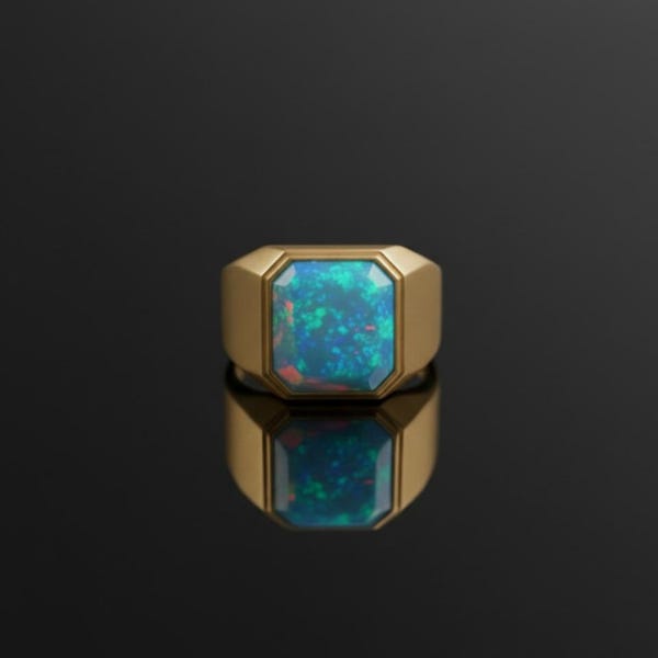 Zegelring blauw vuuropaal: sterlingzilveren geometrische statementring