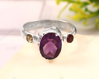 Handmade Amethyst Ring - 925 Sterling Silver, Bezel-Set Gemstone