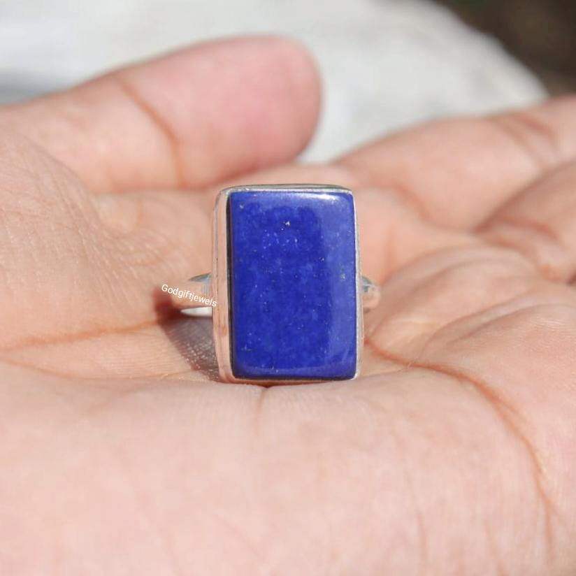 Handmade Rectangular Lapis Lazuli Ring: 925 Sterling Silver