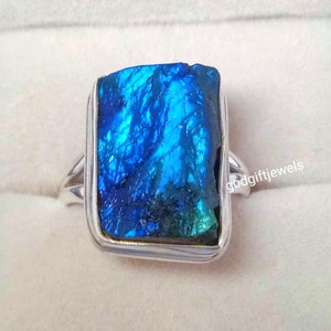 Raw Stone Blue Labradorite Silver Ring, Blue Labradorite Gemstone, 925 Solid Sterling Silver Ring, Handmade Jewelry,  Statement Ring:
