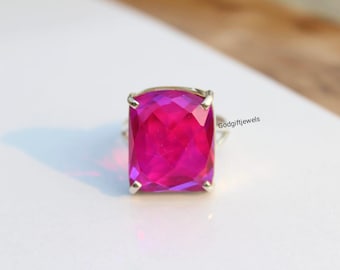 Fuchsia Pink Crystal Cocktail Ring: 925 Sterling Silver Statement Ring