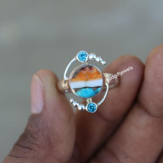 オイスターターコイズ スターリングシルバーリング：オレンジ