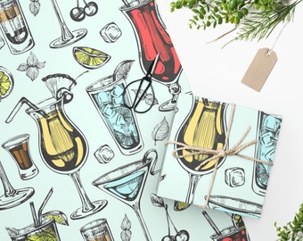 Cocktail drinks pattern wrapping paper, Spirit and liquor gift wrap, 21st birthday gift wrap, Bartender gift wrap, Fun alcohol drinks paper