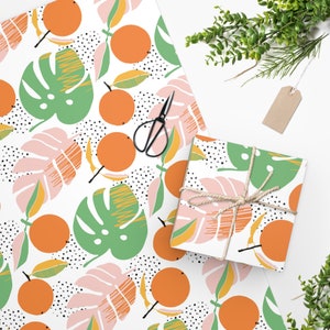 Orange wrapping paper, Monstera leaf gift wrap, Gardener gift wrap, Fruit wrapping paper, Leaf gift wrap