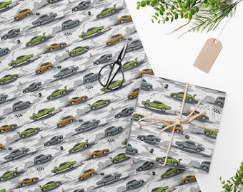 Vintage cars wrapping paper, Baby boy gift wrap, American muscle cars gift wrap