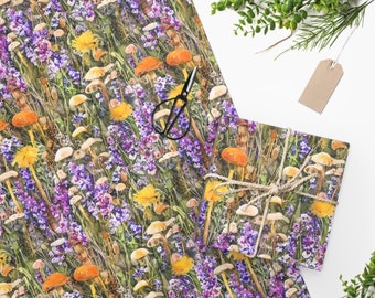 Mushroom wrapping paper, Wild flowers gift wrap, Botanical wrapping paper, Mothers day wrapping paper, Cute wrapping paper, Mushroom pattern