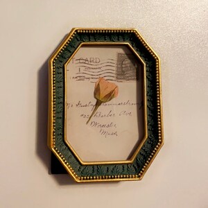 Cartão postal vintage com uma única rosa, moldura de retrato pessoal, molduras vintage, arte de flores prensadas, flores prensadas, arte floral, rosas