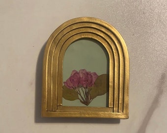 Modern Antique Brass Arch Frame Pressed Begonia Arrangement Green Gold Vintage Inspired Floral Art Modern Design Modern Flower Collectible