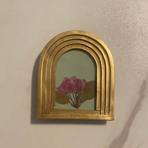 Modern Antique Brass Arch Frame Pressed Begonia Arrangement Green Gold Vintage Inspired Floral Art Modern Design Modern Flower Collectible