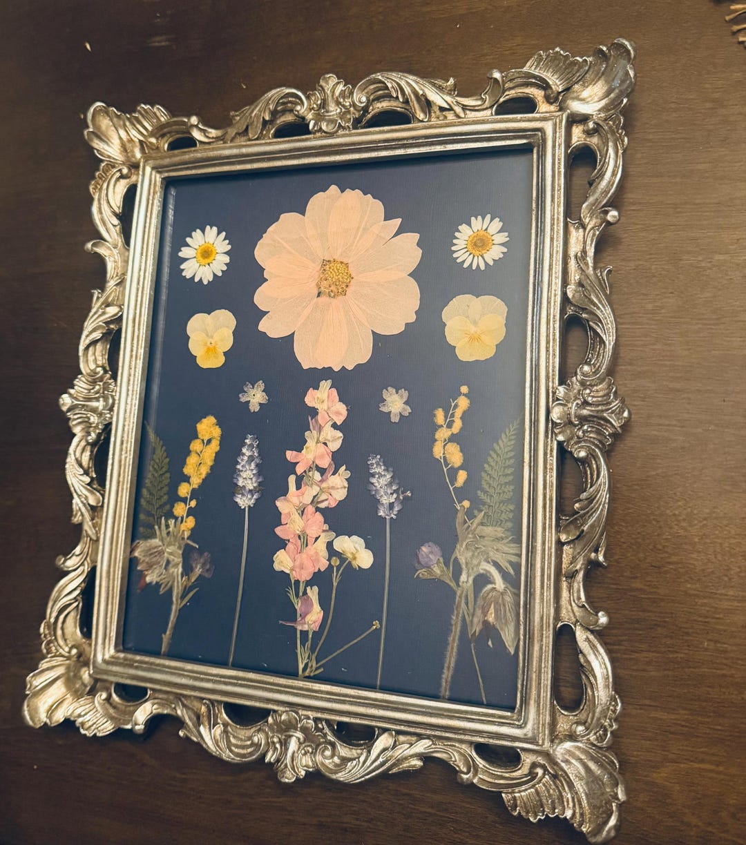 Antique Style Ornate Silver Vintage Frame Pressed Flower Art Daisies ...