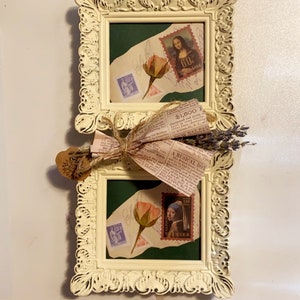 Mistura de papel vintage com rosa prensada única, estilo antigo, moldura de marfim, corte cru, belas artes, cartão postal vintage, mistura de arte, brinco de pérola Mona Lisa