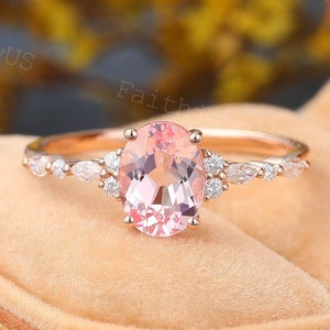 Oval cut Pink Sapphire Engagement ring Vintage Rose Gold Marquise cut Diamond Bridal ring Dainty Promise Anniversary Wedding ring for women