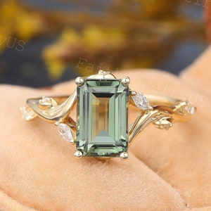 Emerald cut Green Sapphire Engagement Ring Unique Yellow Gold Marquise cut Art Deco Leaf Lab Diamond ring Anniversary Wedding ring for Women