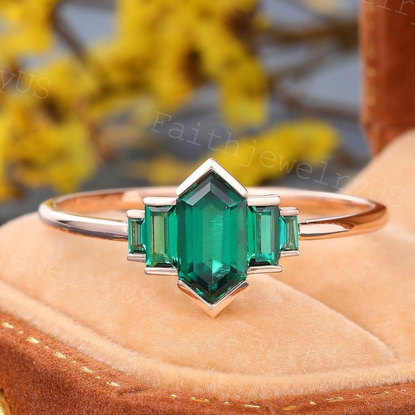 Elongated Hexagon cut Emerald Engagement ring Silver Rose Gold Platinum Wedding ring Art deco Baguette Emerald Anniversary Bridal ring