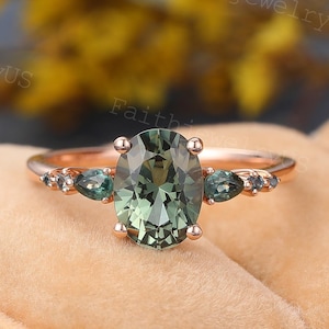 Oval cut Green Sapphire Engagement Ring Vintage Rose Gold Pear shaped Cluster Sapphire ring Anniversary marriage Wedding ring for Women Gift