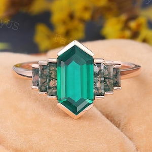 Vintage Elongated Hexagon cut Lab Emerald Engagement Ring Unique Rose Gold Wedding ring Art deco Baguette Moss Agate Anniversary Bridal ring