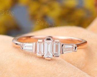 Baguette cut Diamond Engagement ring Vintage Rose Gold Bezel Diamond ring Baguette Cut Promise Wedding ring Art deco Diamond ring for Women