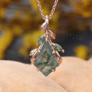 Kite Cut Moss Agate Necklace Vintage Rose Gold Personalized Pendant Marquise Moss Agate Art Deco Leaf Marriage Bridal Pendant for Women Gift
