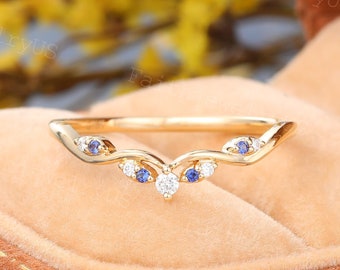 Vintage Yellow Gold Curved wedding band Unique Moissanite Blue Sapphire curved wedding band stacking band Promise Anniversary Wedding ring