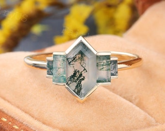 Vintage Länglicher Hexagon cut Moosachat Verlobungsring Gelbgold Platin Ehering Art Deco Baguette Achat Jahrestag Brautring