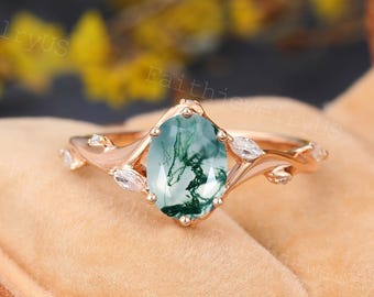 Oval Moosachat Verlobungsring Roségold Marquise Diamant Art Deco Botanische Braut Moissanite Ring Zarte Ehe Jahrestag Ring