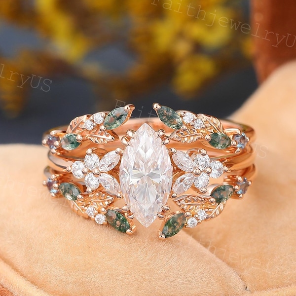 Verlobungsring-Set mit Moissanit im Marquise-Schliff, Vintage-Roségold, offenes Cluster-Set mit Marquise-Moosachat, Brautring-Set, Versprechensring-Set, Jahrestagsring-Set für Damen