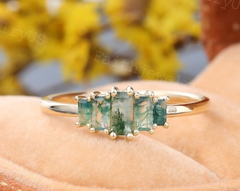 Vintage Baguette cut Moss Agate Engagement ring Yellow Gold Promise Wedding ring Art deco ring Moss Agate Anniversary ring Bridal ring gift
