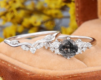Black Rutilated Quartz Engagement ring set White Gold ring set Marriage ring set Cluster Diamond Bridal ring set Anniversary Wedding set